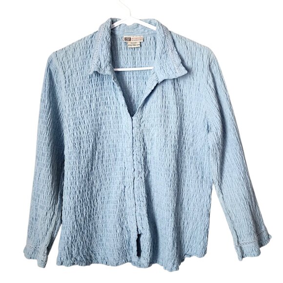FADED GLORY VINTAGE 90s Textured Crinkle Hook & Eye Shirt Sky Blue XL - Picture 2 of 8